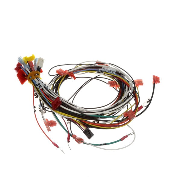 An Antunes wire harness with a bunch of wires with red and white tags.