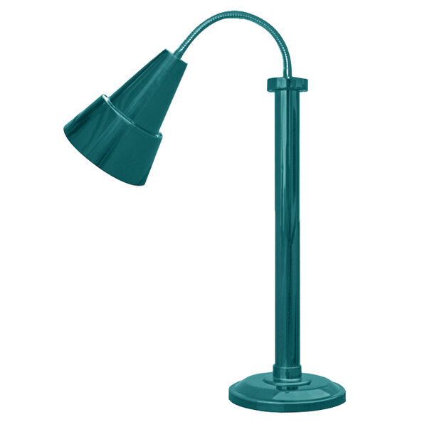 A teal and green textured verdigris Hanson Heat Lamp with a flexible blue pole.