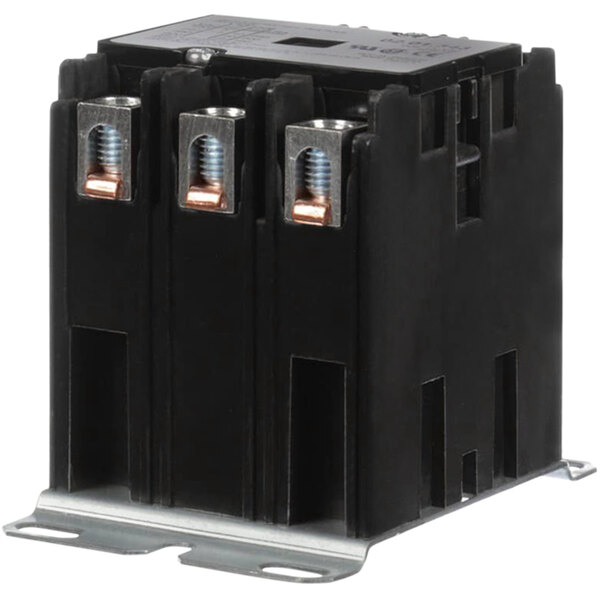 A black electrical contactor with metal screws.