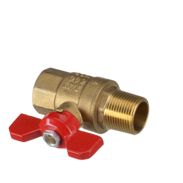 A brass ball valve with a red handle.