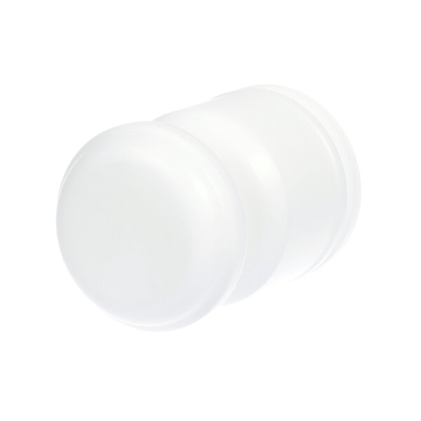 A white plastic knob with a white background.