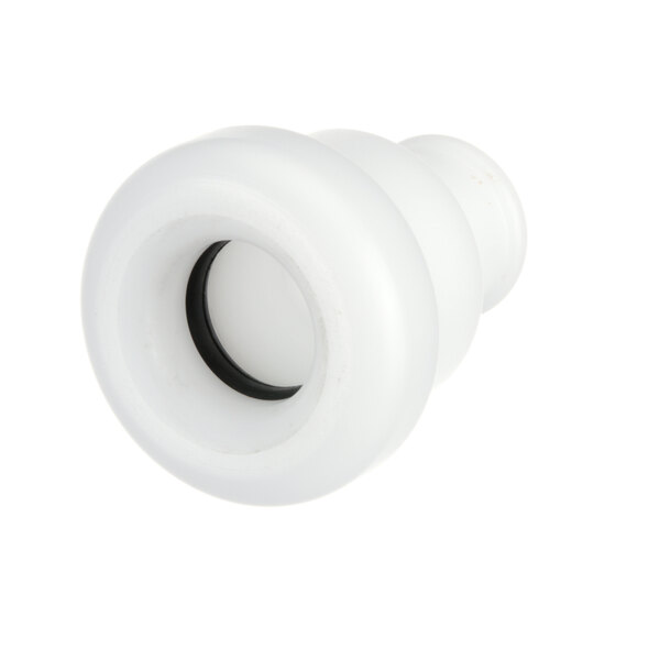 A white plastic plug with a black ring.