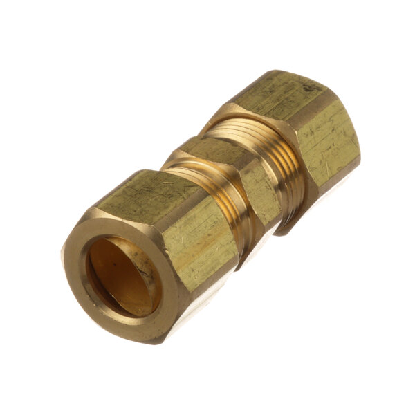 A brass US Range 7/16 compression union nut with a gold finish.