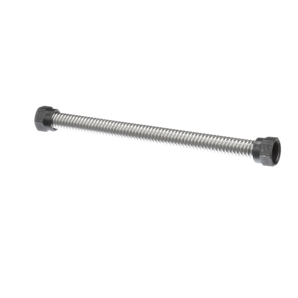 A stainless steel metal rod with a black plastic nut and cap.