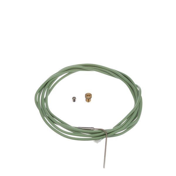 A green cable with a brass nut and screw.