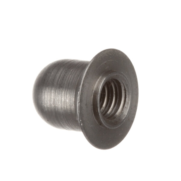 A close-up of a stainless steel round nut with black threading.