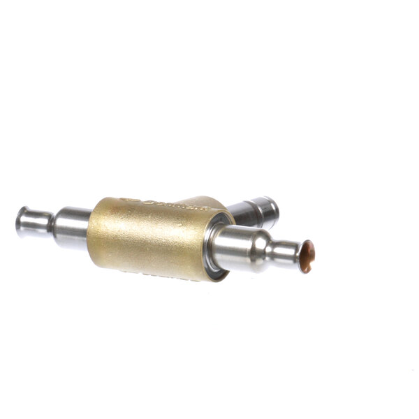 A gold colored metal Danfoss Evul solenoid valve.