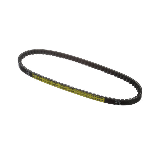 A black Univex belt with a yellow label.