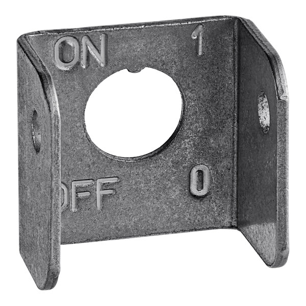 A metal Hatco toggle guard bracket with a hole in it.