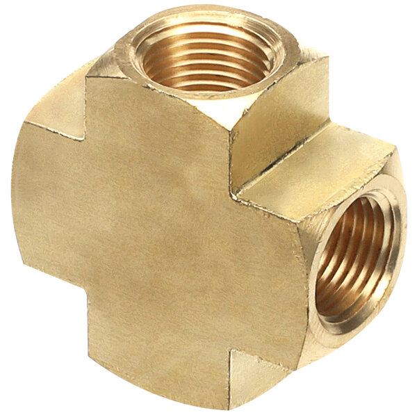 A brass threaded Cross connector for a Champion dishwasher.