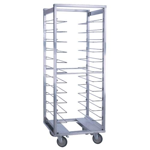 A metal roll in refrigerator rack with shelves on wheels.