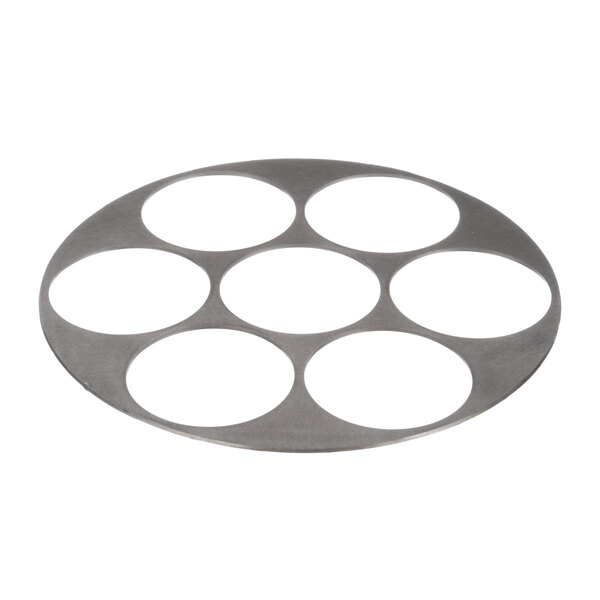 A metal tray with six white circles on it.