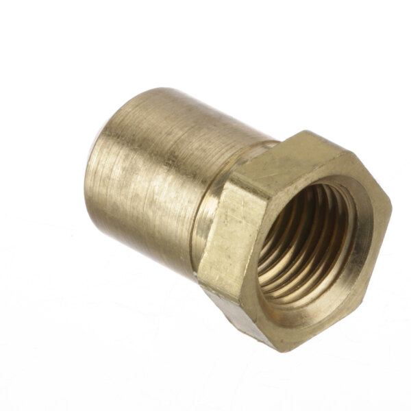 A close-up of a brass threaded nut on a metal tube.