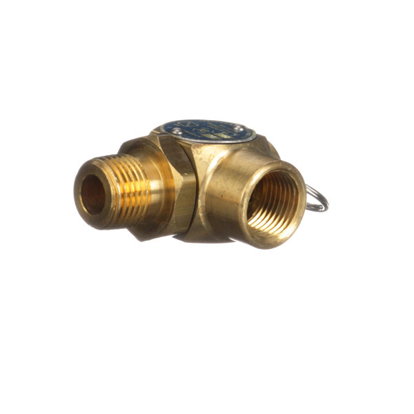 A Market Forge brass safety valve with a gold colored handle.