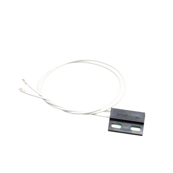 A white cable with a black rectangular object on it.