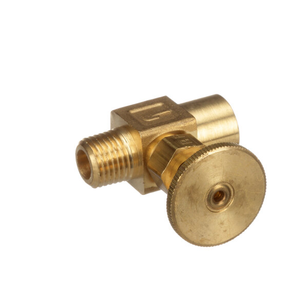 A close-up of a brass Champion needle valve with a gold nut.