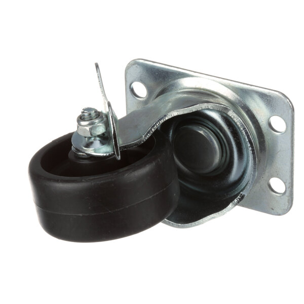 A Multiplex swivel caster with a black rubber wheel and metal frame.