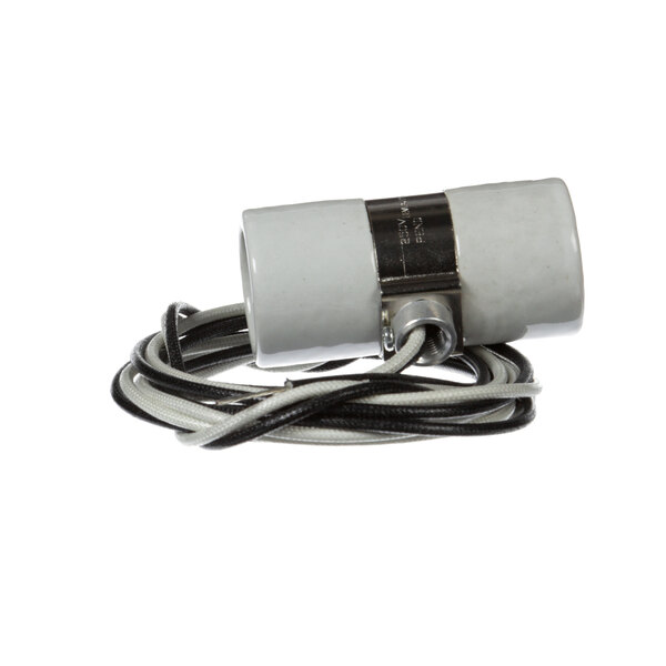 A white Hatco socket with black and white wires and a metal connector.