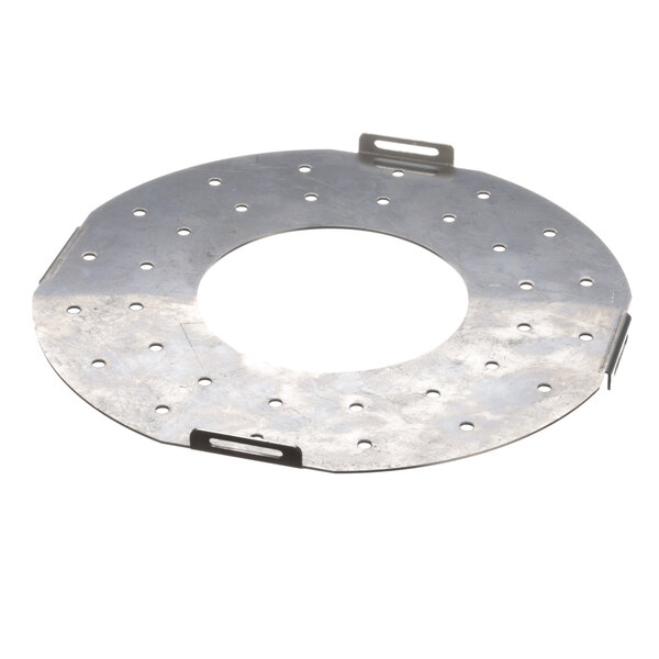 A circular metal diffuser with holes.