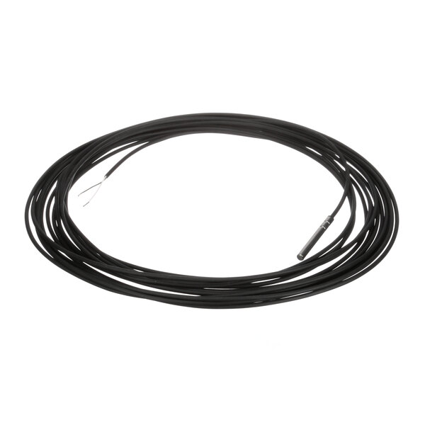 A black wire on a white background with a metal end.