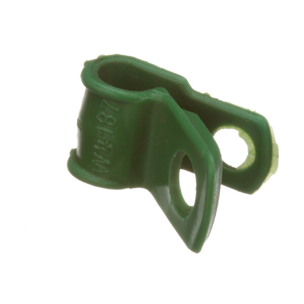 A green plastic clip with holes.