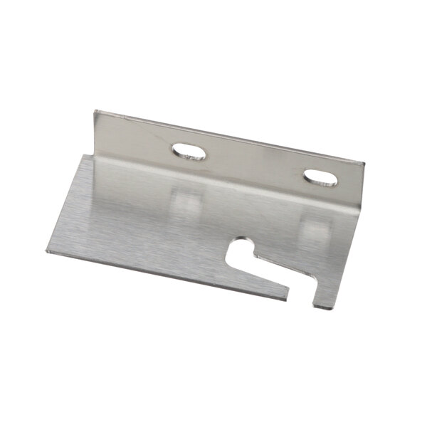 A stainless steel Master-Bilt lid pivot bracket with two holes.