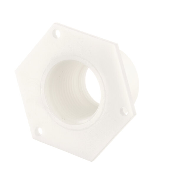A white plastic Scotsman drain adapter with a hole in it.