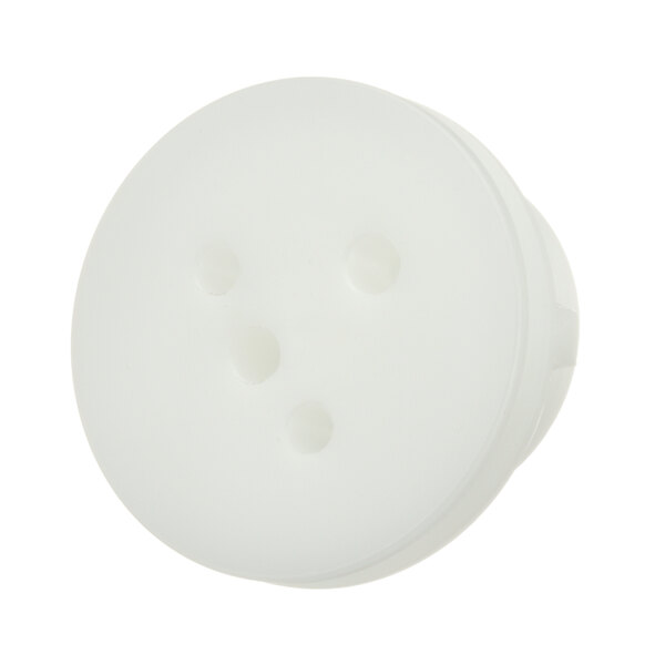 A white round valve cap with three holes.