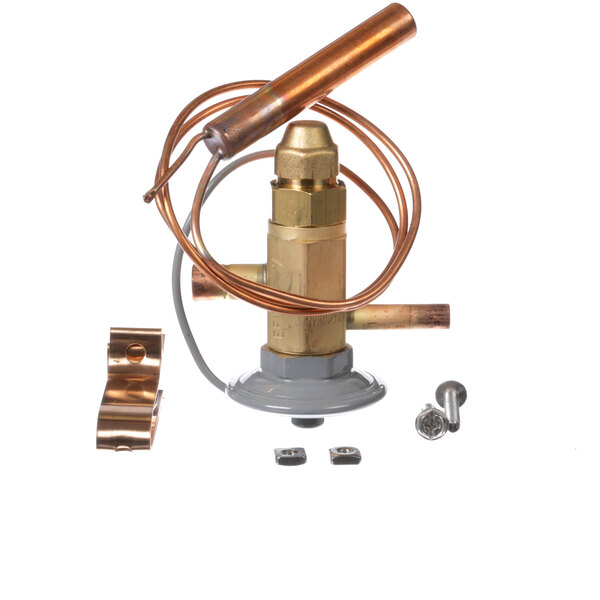 A close up of a copper Glastender water heater with a screw and hose.