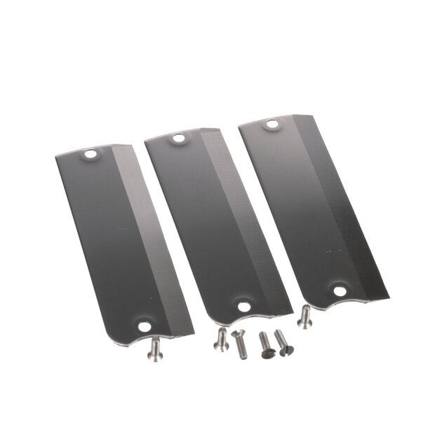 Three black plastic Kelvinator slicer blades with screws and nuts.