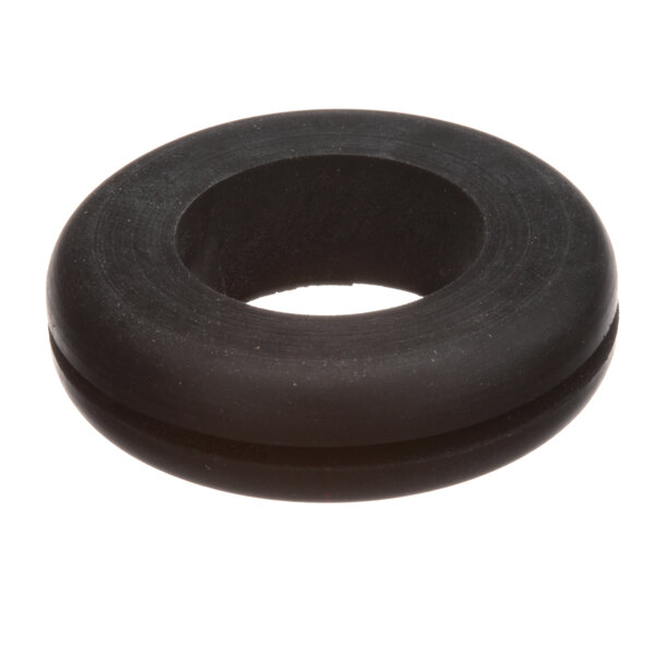 A black rubber grommet with a hole in it.