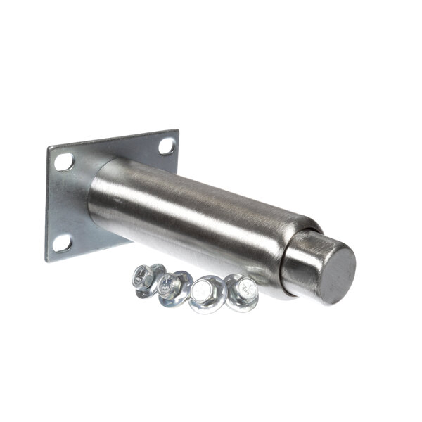 A stainless steel metal leg with screws.