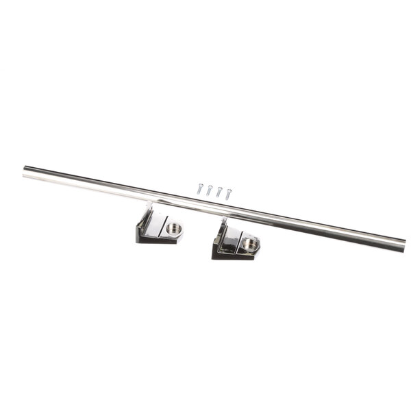 A stainless steel metal rod with screws and bolts on the ends.