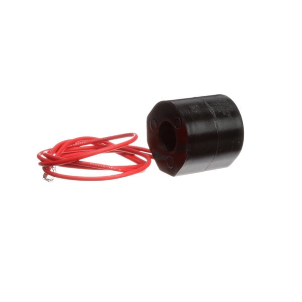 A black round object with a red wire.