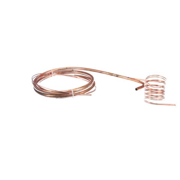 A copper coil of a Victory Heat Exchange Assembly with a copper wire attached.