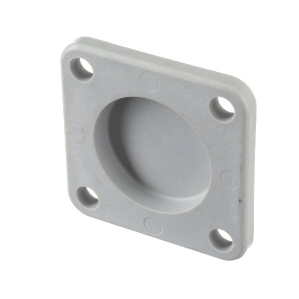 A close-up of a grey square Champion plastic flange with holes.