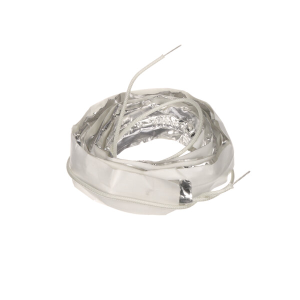 A silver wire wrapped around a white surface with white wire.