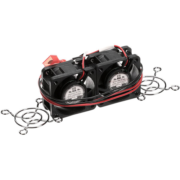 An Ovention fan kit with two black fans and red wires attached to them.