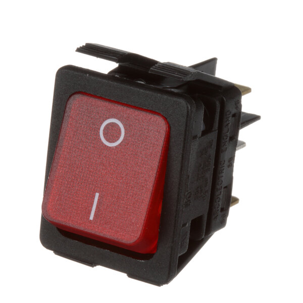 A red switch with white text.