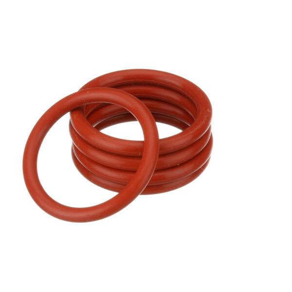 A close-up of a red rubber ring with a white background.