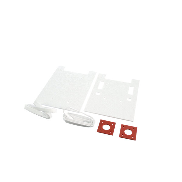 A white plastic kit with red plastic pieces and screws.