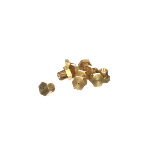 A group of brass threaded nuts on a white background.