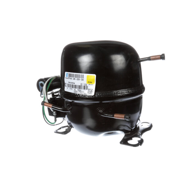 A black metal True Refrigeration compressor with wires and a label.