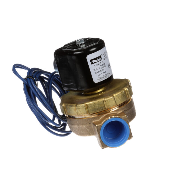 A Champion 109887 brass water valve with blue wires.