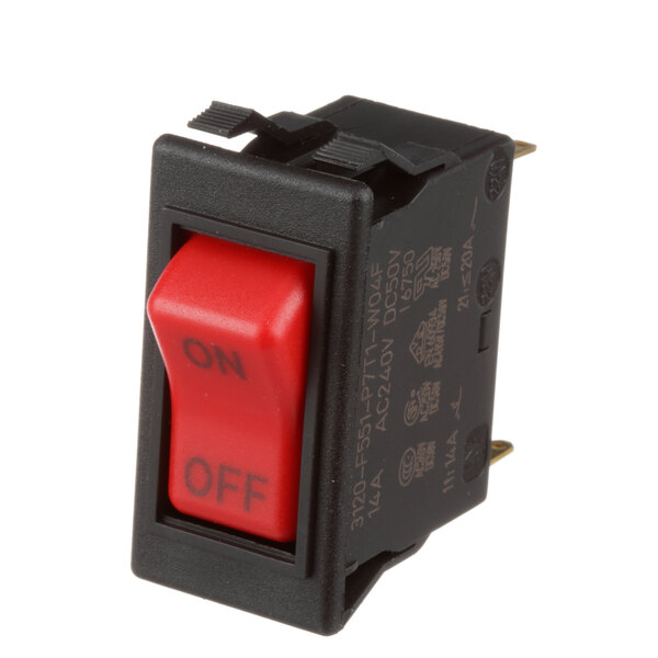 A close-up of a black and red Champion Power On/Off rocker switch with a red button.