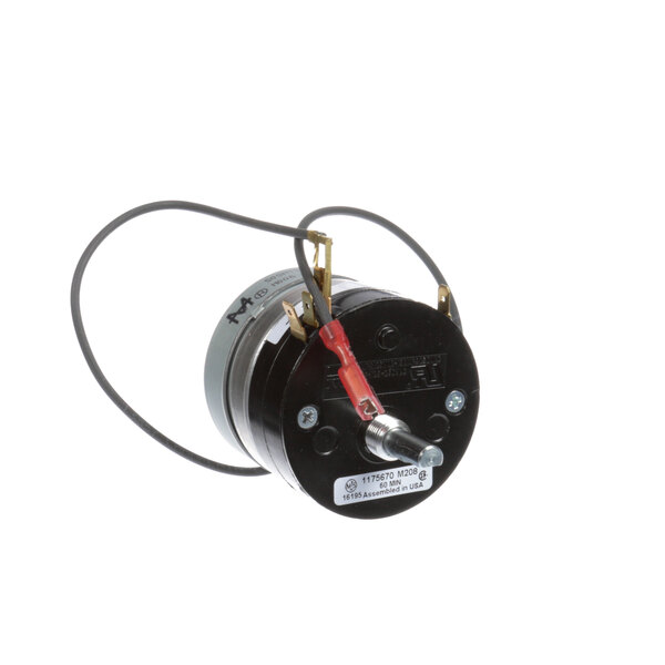 A small black electric motor with a wire.