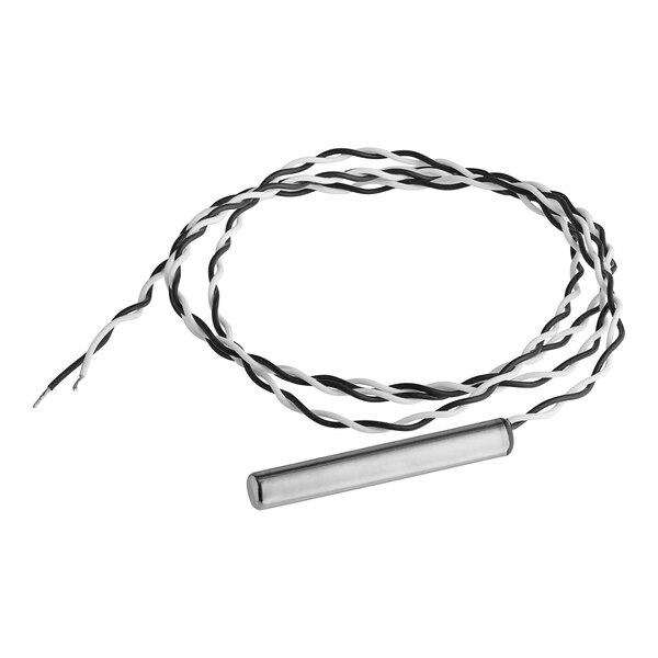 A close-up of a black and white wire with a metal end.