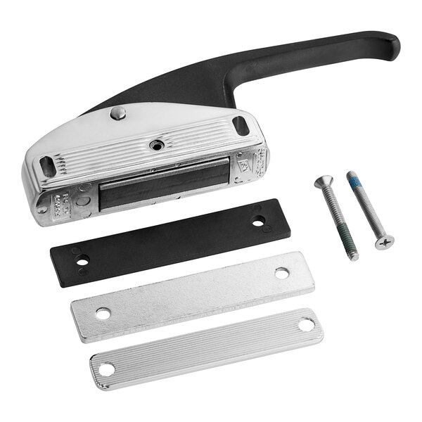 A black and silver Cres Cor latch kit with screws and bolts.