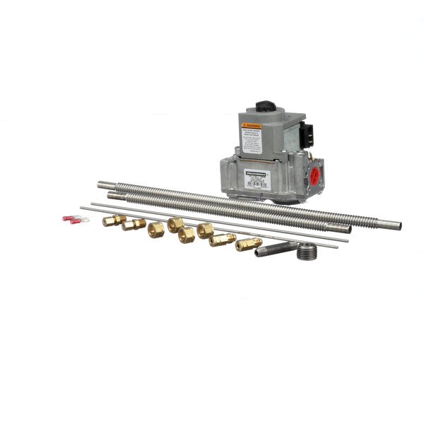 A grey metal Frymaster natural gas valve conversion kit with metal tubes and a hose.