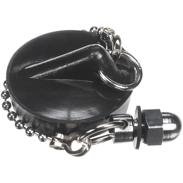 A black round drain plug with a metal chain attached to it.